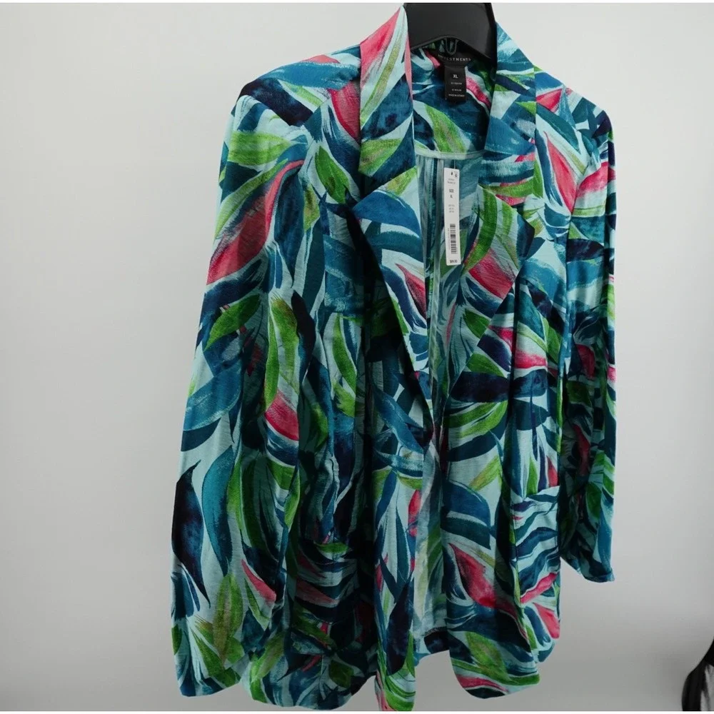 Investments Tropical Leaf Print Open Front Blazer XL Teal‎ Green Pink